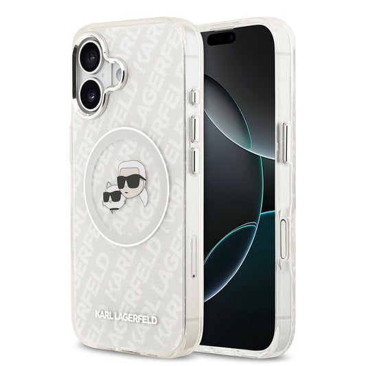 Apple iPhone 17 Kılıf Karl Lagerfeld Orjinal Lisanslı Parlayan Simli Karl & Choupette Heads Kapak Gri