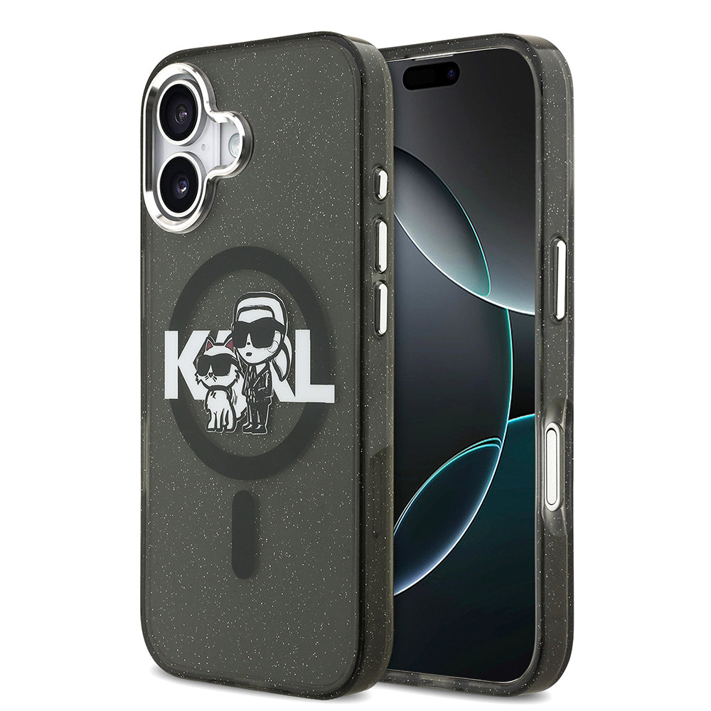 Apple iPhone 17 Kılıf Karl Lagerfeld Orjinal Lisanslı Parlayan Simli Karl & Choupette Sketch Logo Kapak Siyah