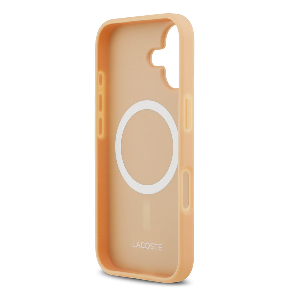 Apple iPhone 17 Kılıf Lacoste Orjinal Lisanslı M-safe Şarj Özellikli PU Deri Tasarımlı Karışık Monogram Desenli Kapak  Bej