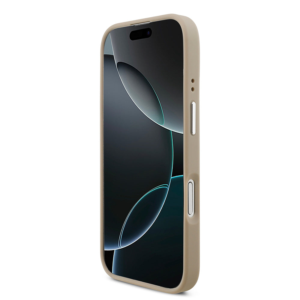 Apple iPhone 17 Kılıf Lacoste Orjinal Lisanslı M-safe Şarj Özellikli PU Pike Desenli Standlı Metal Logolu Kapak Bej