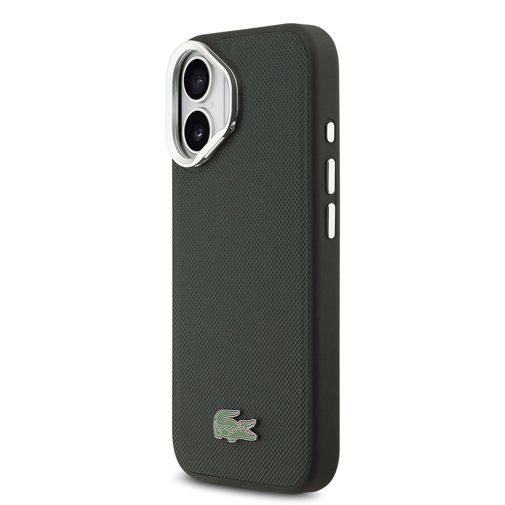 Apple iPhone 17 Kılıf Lacoste Orjinal Lisanslı M-safe Şarj Özellikli PU Pike Desenli Standlı Metal Logolu Kapak Bej