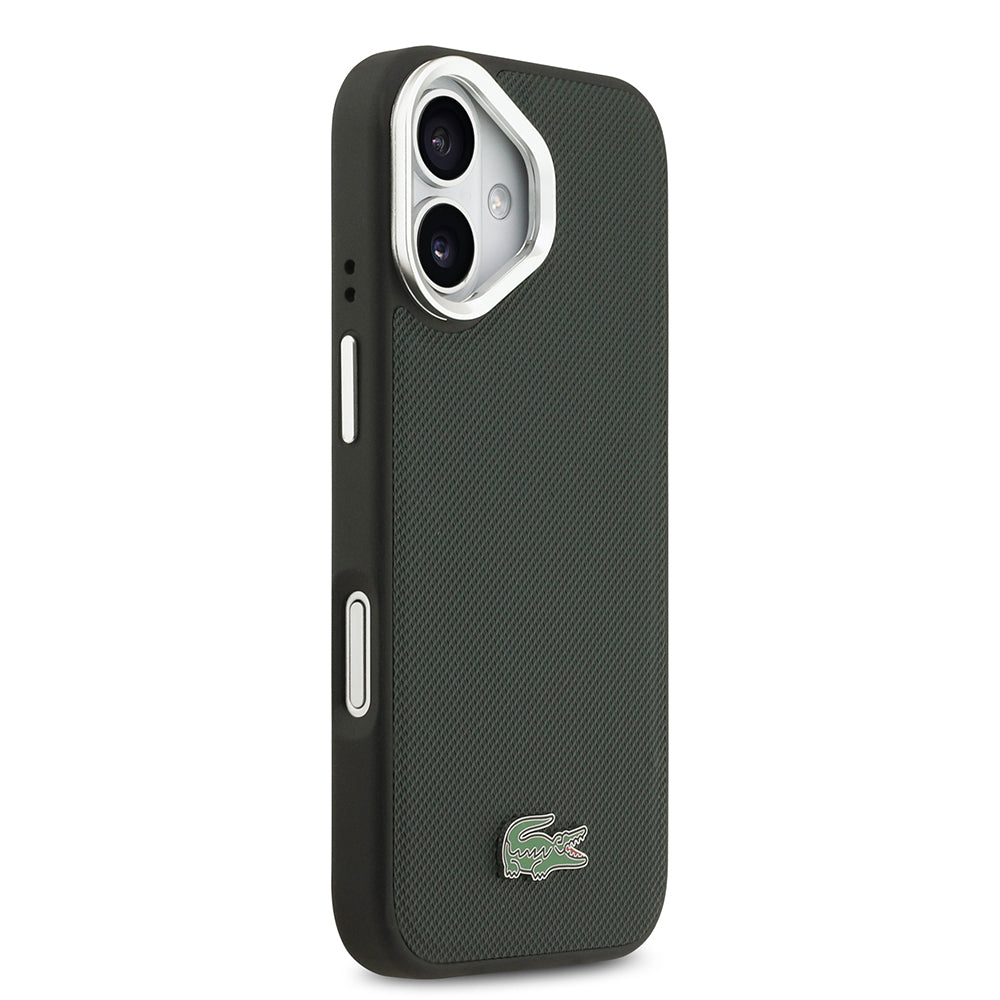 Apple iPhone 17 Kılıf Lacoste Orjinal Lisanslı M-safe Şarj Özellikli PU Pike Desenli Standlı Metal Logolu Kapak Bej