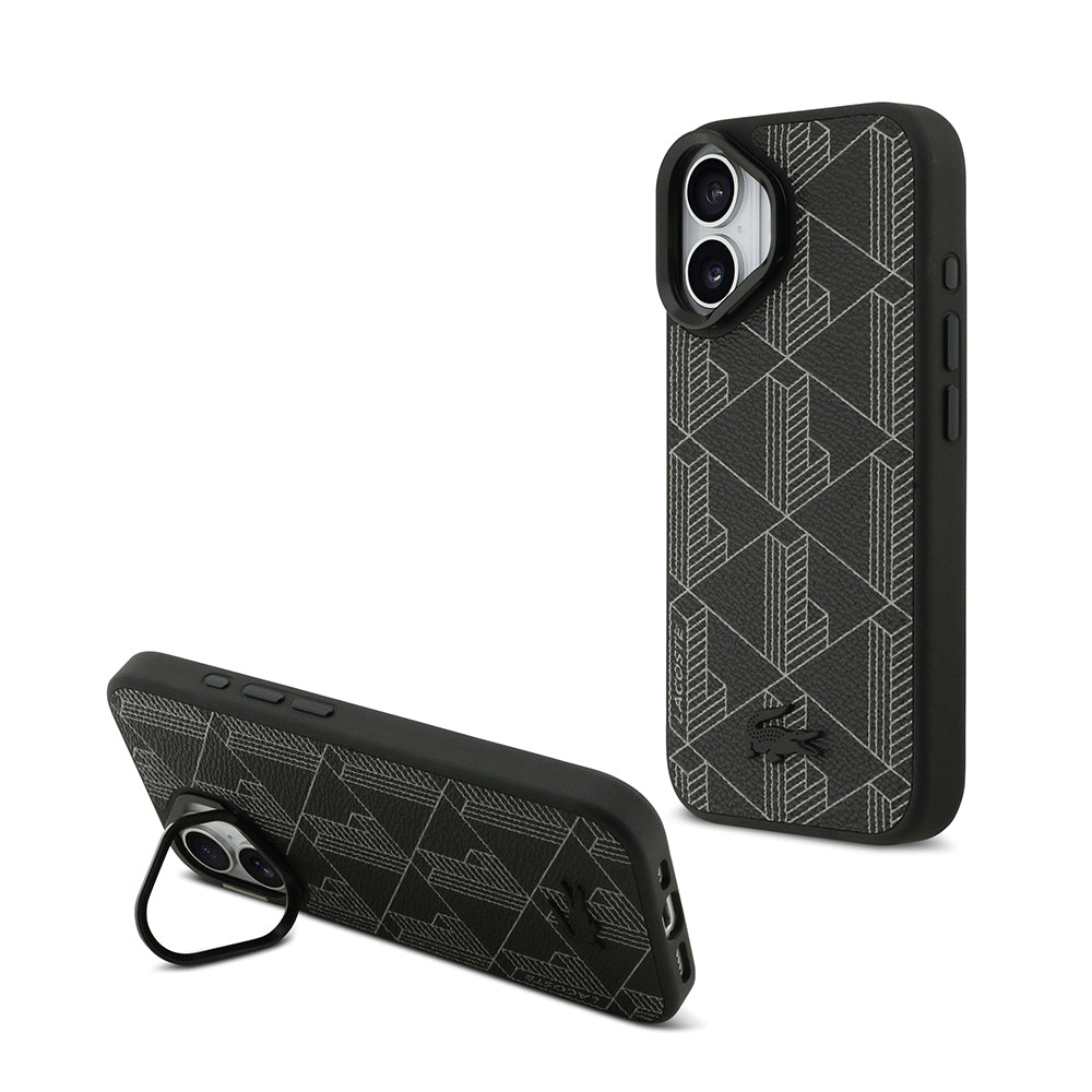 Apple iPhone 17 Kılıf Lacoste Orjinal Lisanslı M-safe Şarj Özellikli Standlı PU Deri Karışık Monogram Desenli Kapak Siyah