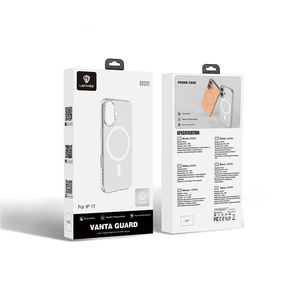 Apple iPhone 17 Kılıf M-safe Şarj Özellikli Metal Kamera Çerçeveli Airbag Tasarımlı Lenyes CK221 Sert PC Kapak Turuncu