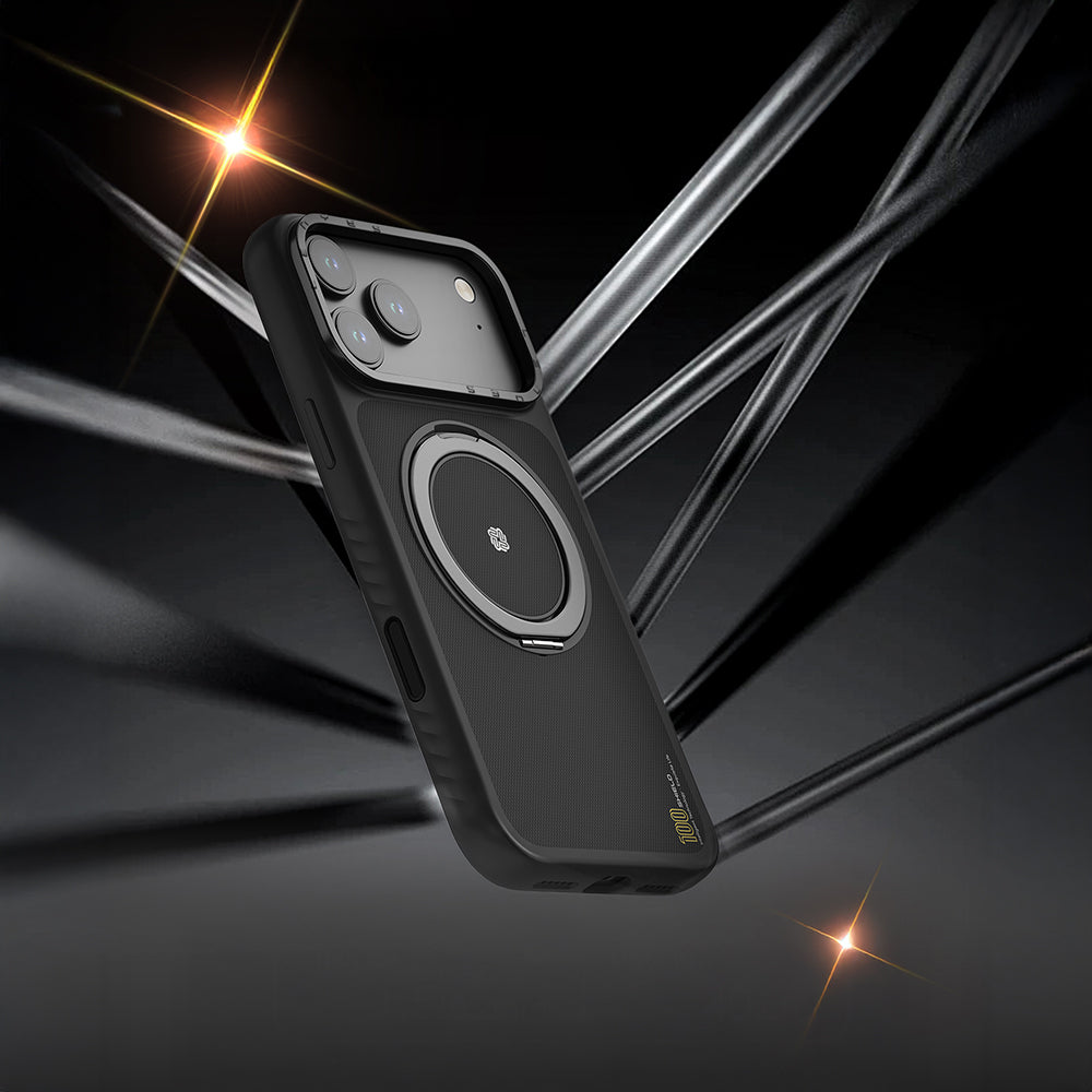 Apple iPhone 17 Kılıf M-safe Şarj Özellikli Metal Standlı Lenyes CK225 Kevlar Kapak Siyah