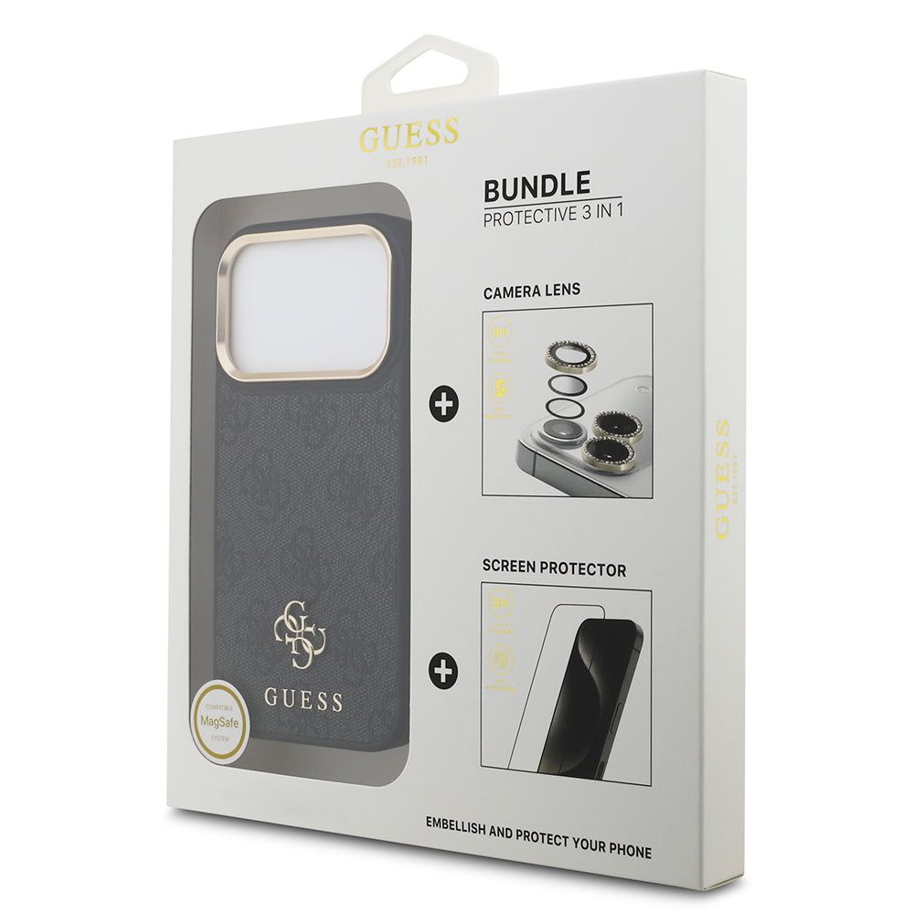 Apple iPhone 17 Pro Guess Orjinal Lisanslı 4G ve Yazı Logolu Kılıf + Ekran Koruyucu + Lens Koruyucu 3in1 Aksesuar Seti Kahverengi