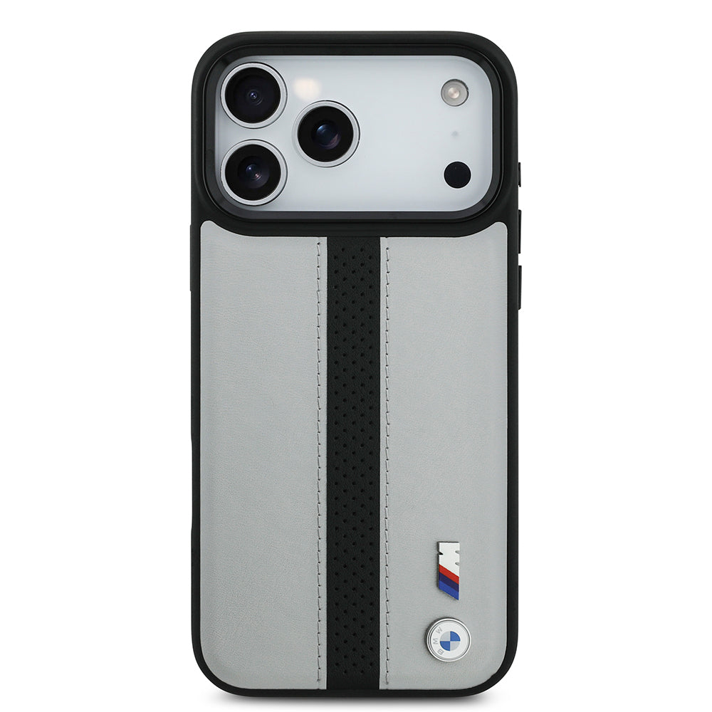 Apple iPhone 17 Pro Kılıf BMW Orjinal Lisanslı M-safe Şarj Özellikli Deri Arka Yüzey Metal Logolu Delikli Şerit Tasarımlı Kapak Gri