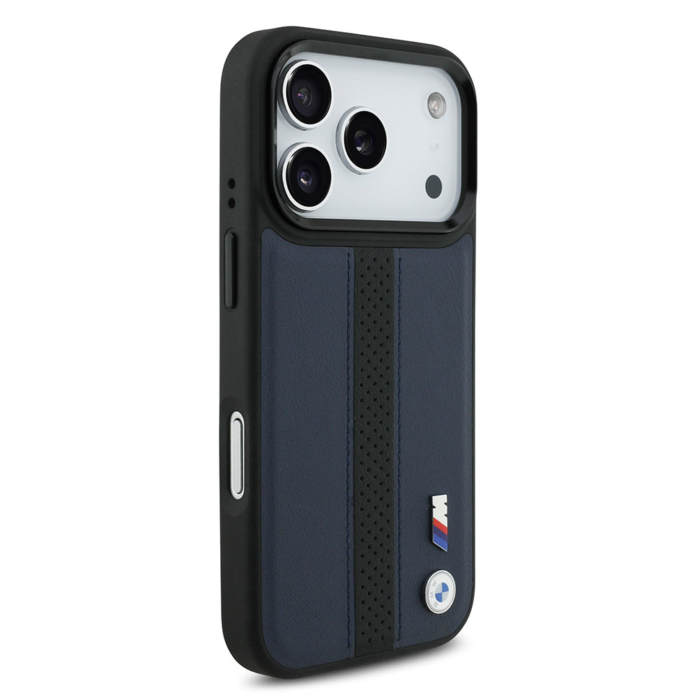 Apple iPhone 17 Pro Kılıf BMW Orjinal Lisanslı M-safe Şarj Özellikli Deri Arka Yüzey Metal Logolu Delikli Şerit Tasarımlı Kapak Gri