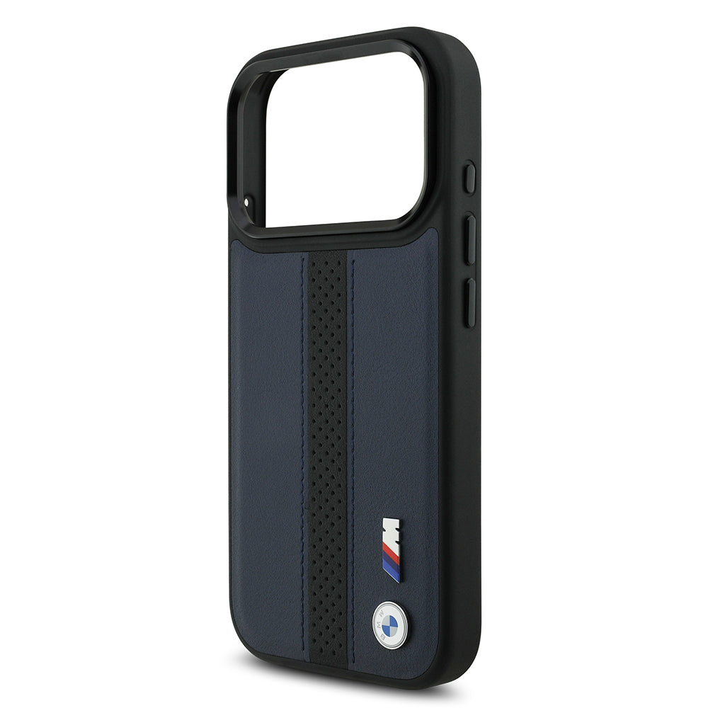 Apple iPhone 17 Pro Kılıf BMW Orjinal Lisanslı M-safe Şarj Özellikli Deri Arka Yüzey Metal Logolu Delikli Şerit Tasarımlı Kapak Lacivert