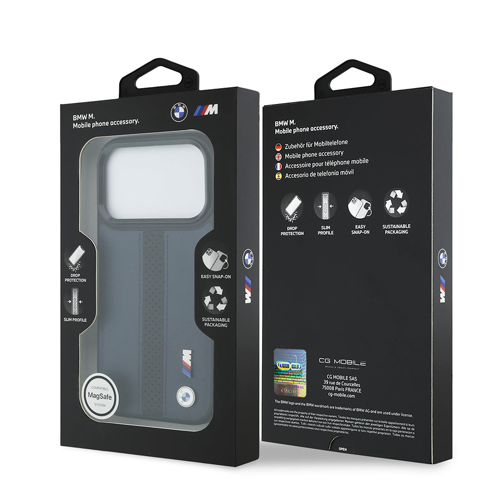 Apple iPhone 17 Pro Kılıf BMW Orjinal Lisanslı M-safe Şarj Özellikli Deri Arka Yüzey Metal Logolu Delikli Şerit Tasarımlı Kapak Lacivert