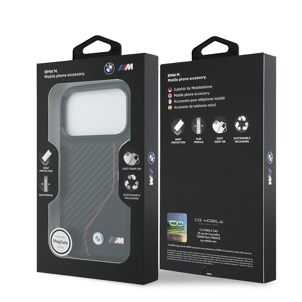 Apple iPhone 17 Pro Kılıf BMW Orjinal Lisanslı M-safe Şarj Özellikli Metal BMW ve M Logolu PU Karbon Tasarımlı Kapak Siyah