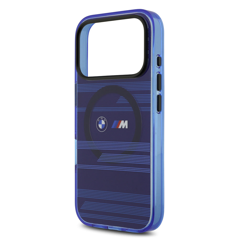 Apple iPhone 17 Pro Kılıf BMW Orjinal Lisanslı M-safe Şarj Özellikli Metal Kamera Butonlu Yatay Şeritli M Dizayn Kapak Mavi