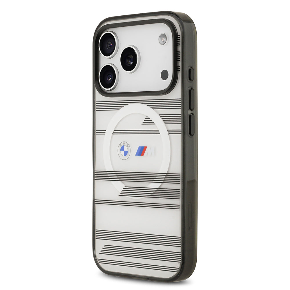 Apple iPhone 17 Pro Kılıf BMW Orjinal Lisanslı M-safe Şarj Özellikli Metal Kamera Butonlu Yatay Şeritli M Dizayn Kapak Siyah