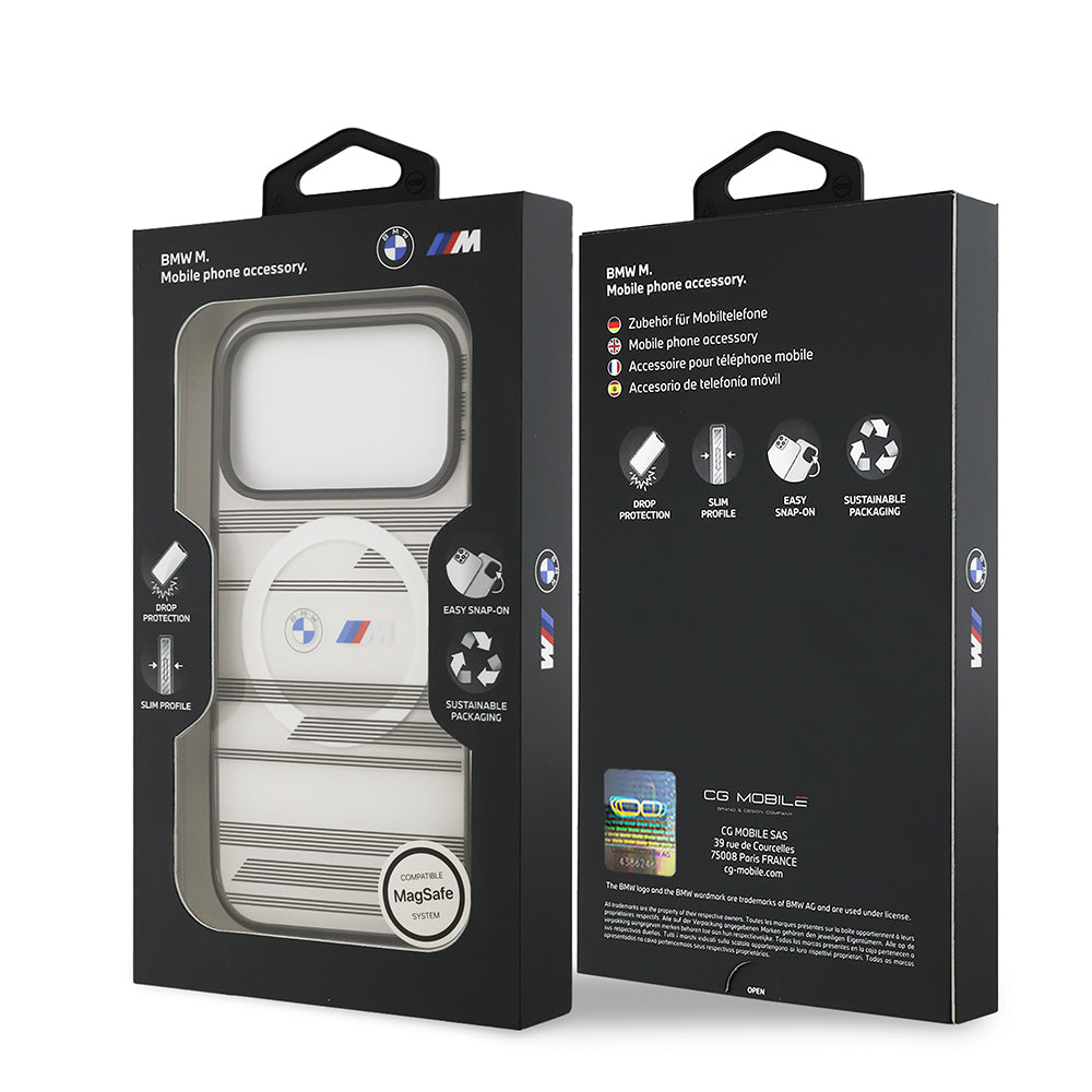 Apple iPhone 17 Pro Kılıf BMW Orjinal Lisanslı M-safe Şarj Özellikli Metal Kamera Butonlu Yatay Şeritli M Dizayn Kapak Mavi