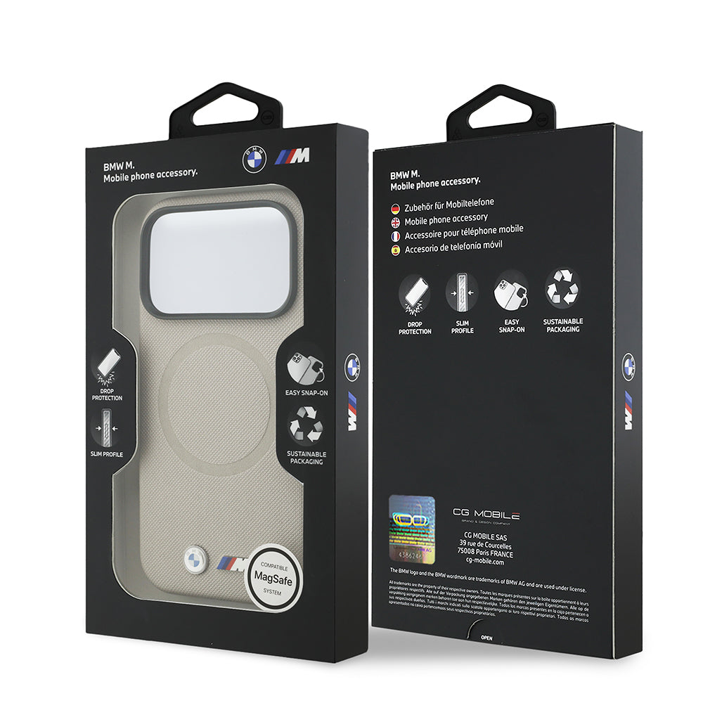 Apple iPhone 17 Pro Kılıf BMW Orjinal Lisanslı M-safe Şarj Özellikli Metal Logolu Delikli M Dizayn Deri Kapak Gri