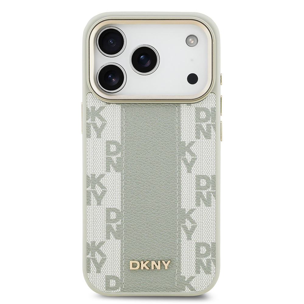 Apple iPhone 17 Pro Kılıf DKNY Orjinal Lisanslı M-safe Şarj Özellikli 3D Yazılı Checkered Pattern Kapak Bej