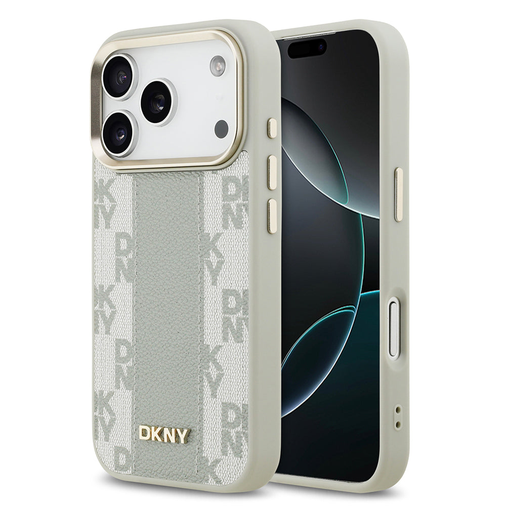 Apple iPhone 17 Pro Kılıf DKNY Orjinal Lisanslı M-safe Şarj Özellikli 3D Yazılı Checkered Pattern Kapak Bej