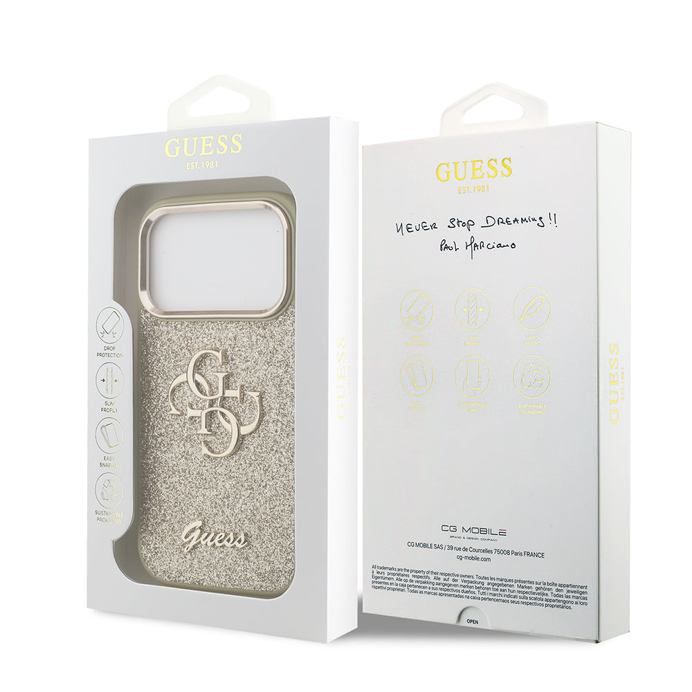 Apple iPhone 17 Pro Kılıf Guess Orjinal Lisanslı 4G Büyük Metal Kamera Çerçeveli ve Logolu Glitter Kapak Gri
