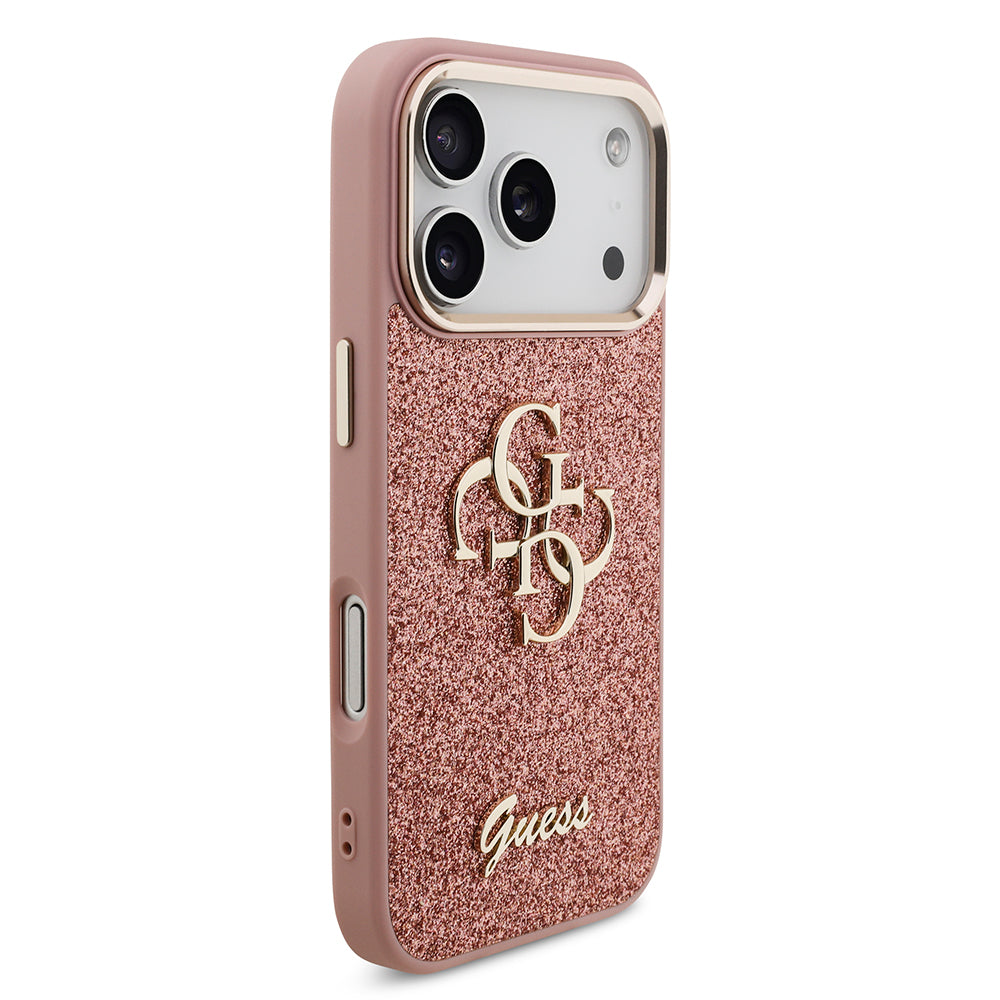 Apple iPhone 17 Pro Kılıf Guess Orjinal Lisanslı 4G Büyük Metal Kamera Çerçeveli ve Logolu Glitter Kapak Gold