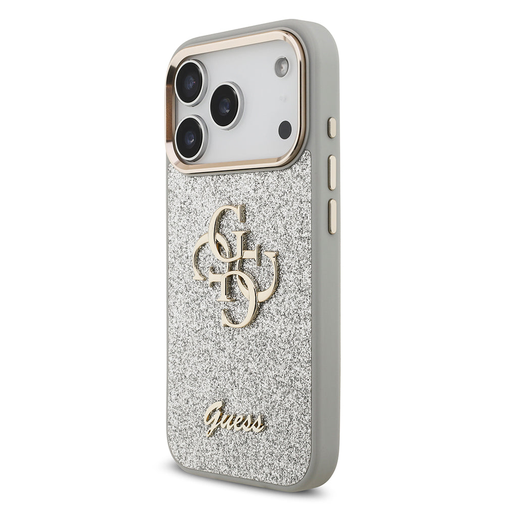Apple iPhone 17 Pro Kılıf Guess Orjinal Lisanslı 4G Büyük Metal Kamera Çerçeveli ve Logolu Glitter Kapak Gri