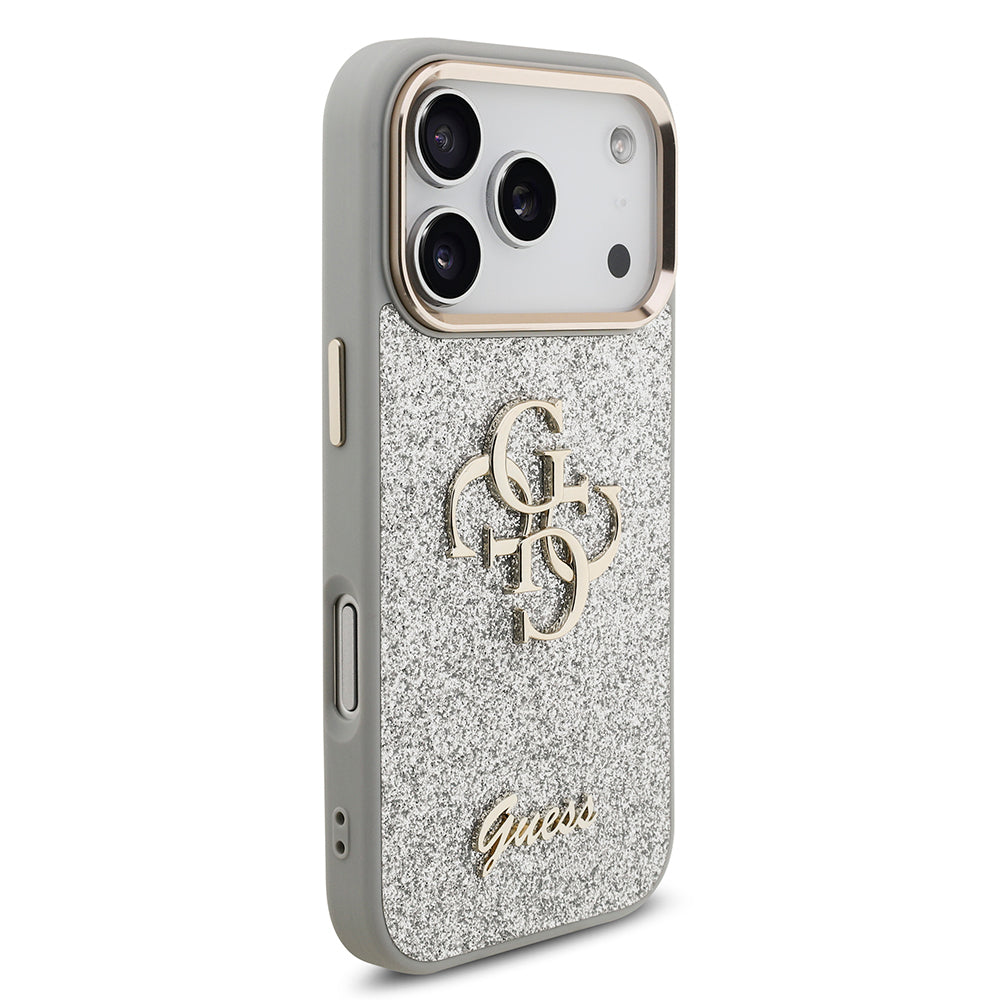 Apple iPhone 17 Pro Kılıf Guess Orjinal Lisanslı 4G Büyük Metal Kamera Çerçeveli ve Logolu Glitter Kapak Gold