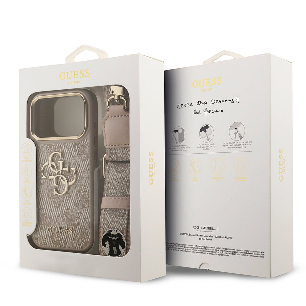 Apple iPhone 17 Pro Kılıf Guess Orjinal Lisanslı 4G Büyük Metal Logolu Kalın Askılı Kapak Kahverengi