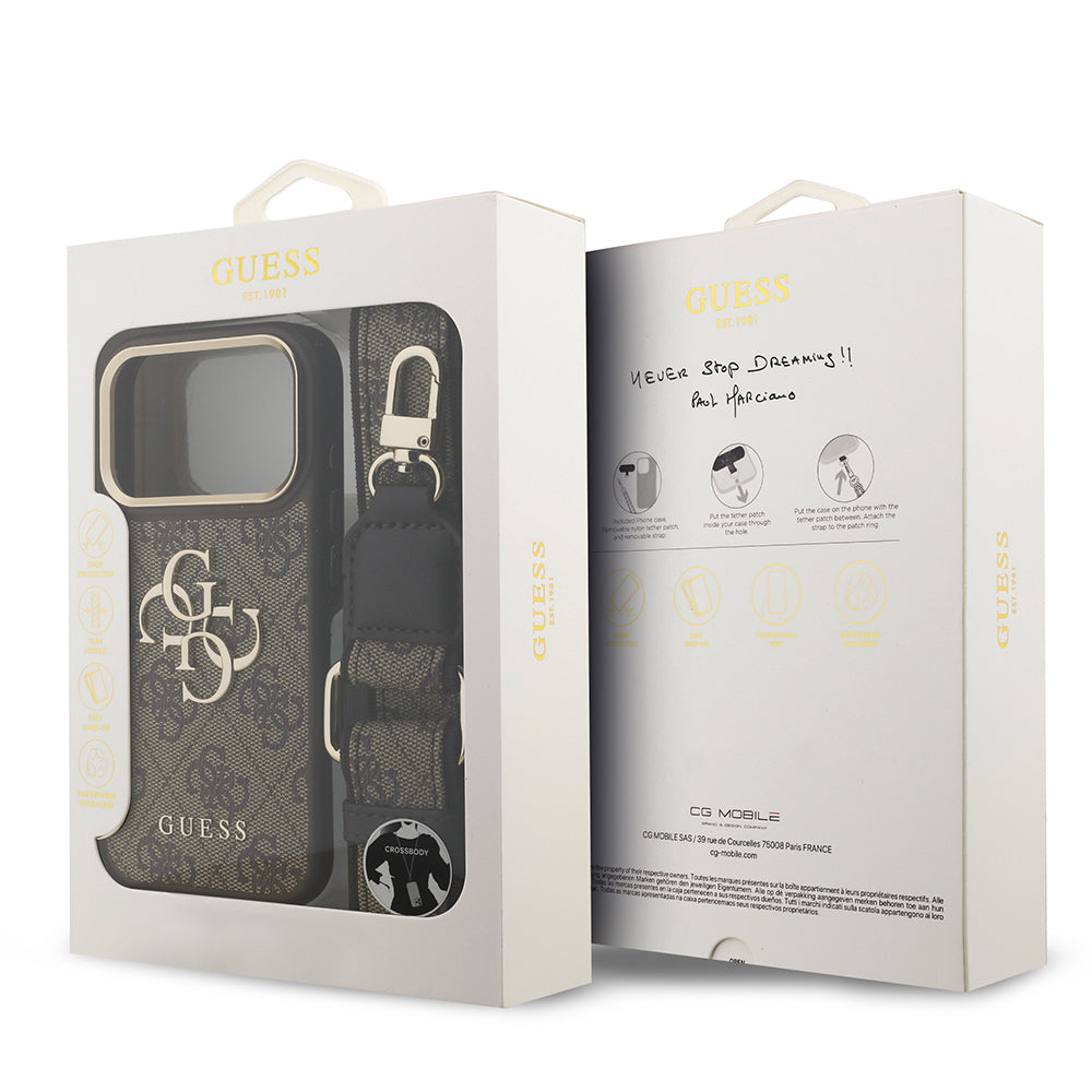 Apple iPhone 17 Pro Kılıf Guess Orjinal Lisanslı 4G Büyük Metal Logolu Kalın Askılı Kapak Kahverengi