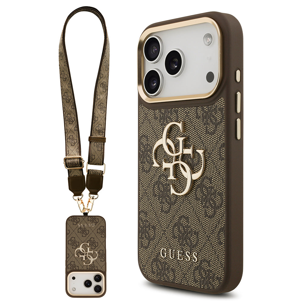 Apple iPhone 17 Pro Kılıf Guess Orjinal Lisanslı 4G Büyük Metal Logolu Kalın Askılı Kapak Kahverengi