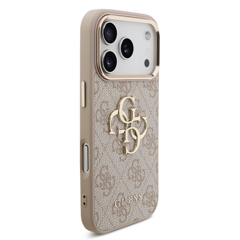 Apple iPhone 17 Pro Kılıf Guess Orjinal Lisanslı Gold Metal Kamera Çerçeveli 4G Desenli Metal Büyük 4G ve Yazı Logolu Kapak Siyah