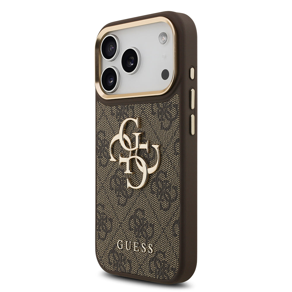 Apple iPhone 17 Pro Kılıf Guess Orjinal Lisanslı Gold Metal Kamera Çerçeveli 4G Desenli Metal Büyük 4G ve Yazı Logolu Kapak Pembe