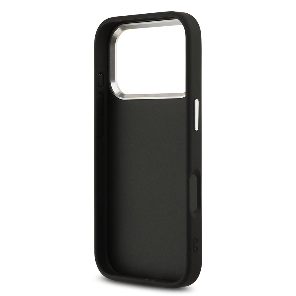 Apple iPhone 17 Pro Kılıf Guess Orjinal Lisanslı Gümüş Metal Kamera Çerçeveli 4G Desenli Metal Büyük 4G ve Yazı Logolu Kapak Siyah