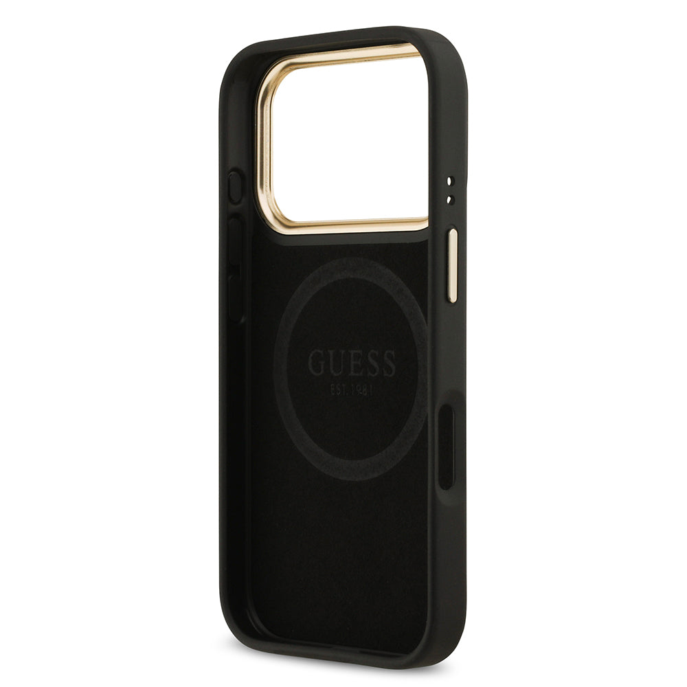 Apple iPhone 17 Pro Kılıf Guess Orjinal Lisanslı M-safe Şarj Özellikli 4G Desenli PU Metal Plaka Klasik Logolu Kapak Pembe