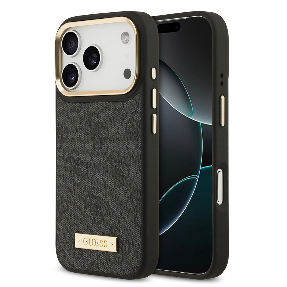 Apple iPhone 17 Pro Kılıf Guess Orjinal Lisanslı M-safe Şarj Özellikli 4G Desenli PU Metal Plaka Klasik Logolu Kapak Pembe