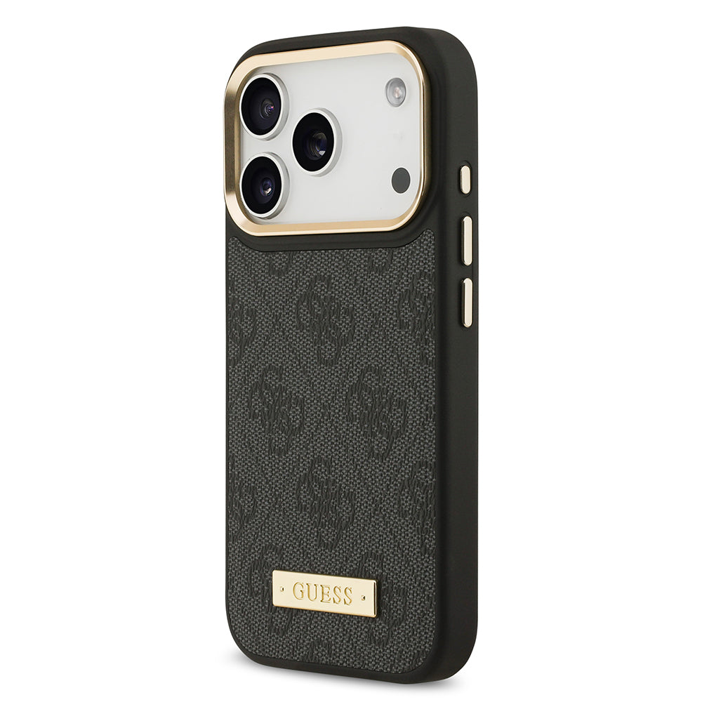 Apple iPhone 17 Pro Kılıf Guess Orjinal Lisanslı M-safe Şarj Özellikli 4G Desenli PU Metal Plaka Klasik Logolu Kapak Pembe