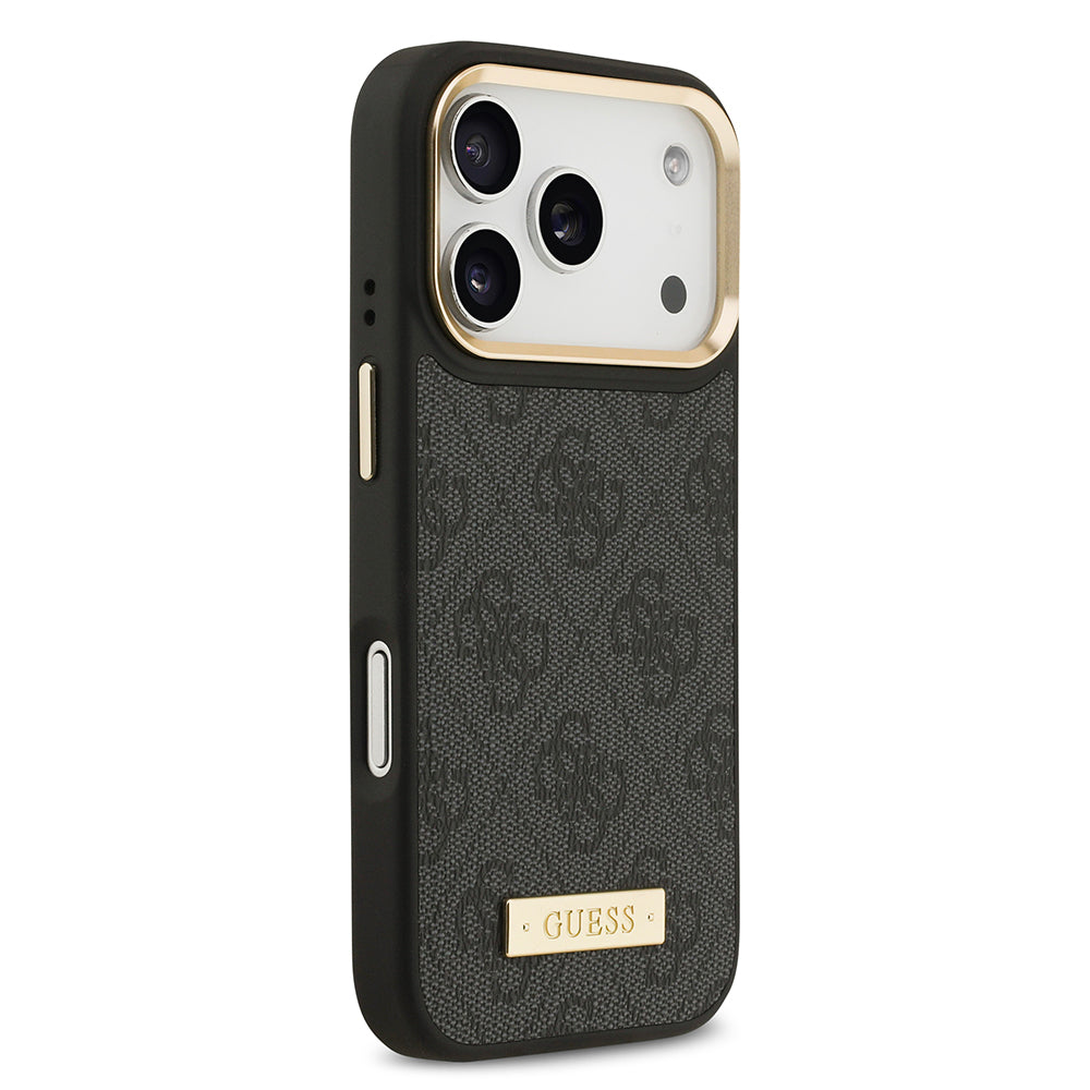 Apple iPhone 17 Pro Kılıf Guess Orjinal Lisanslı M-safe Şarj Özellikli 4G Desenli PU Metal Plaka Klasik Logolu Kapak Pembe