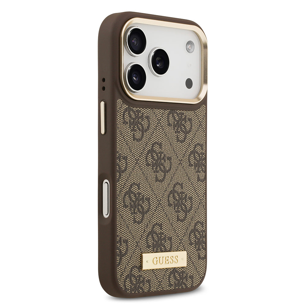 Apple iPhone 17 Pro Kılıf Guess Orjinal Lisanslı M-safe Şarj Özellikli 4G Desenli PU Metal Plaka Klasik Logolu Kapak Pembe