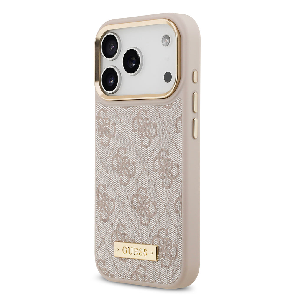 Apple iPhone 17 Pro Kılıf Guess Orjinal Lisanslı M-safe Şarj Özellikli 4G Desenli PU Metal Plaka Klasik Logolu Kapak Siyah