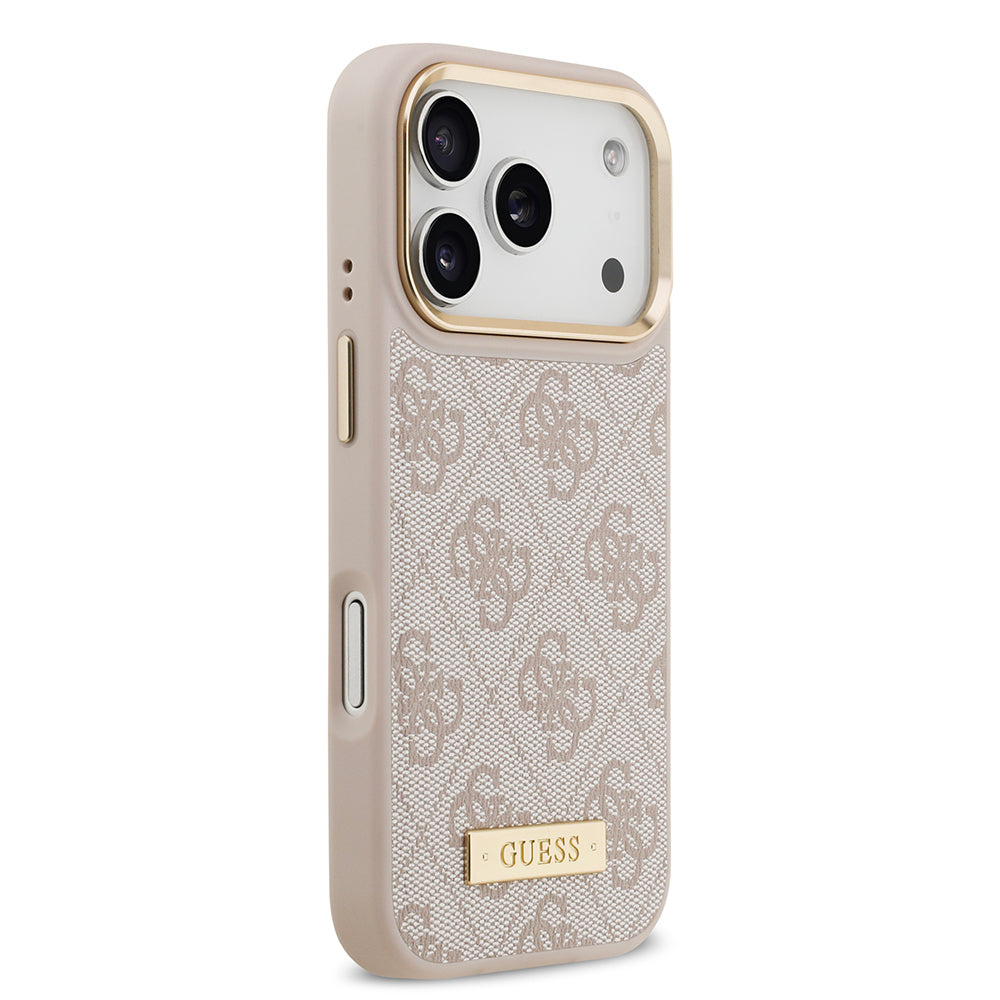 Apple iPhone 17 Pro Kılıf Guess Orjinal Lisanslı M-safe Şarj Özellikli 4G Desenli PU Metal Plaka Klasik Logolu Kapak Siyah