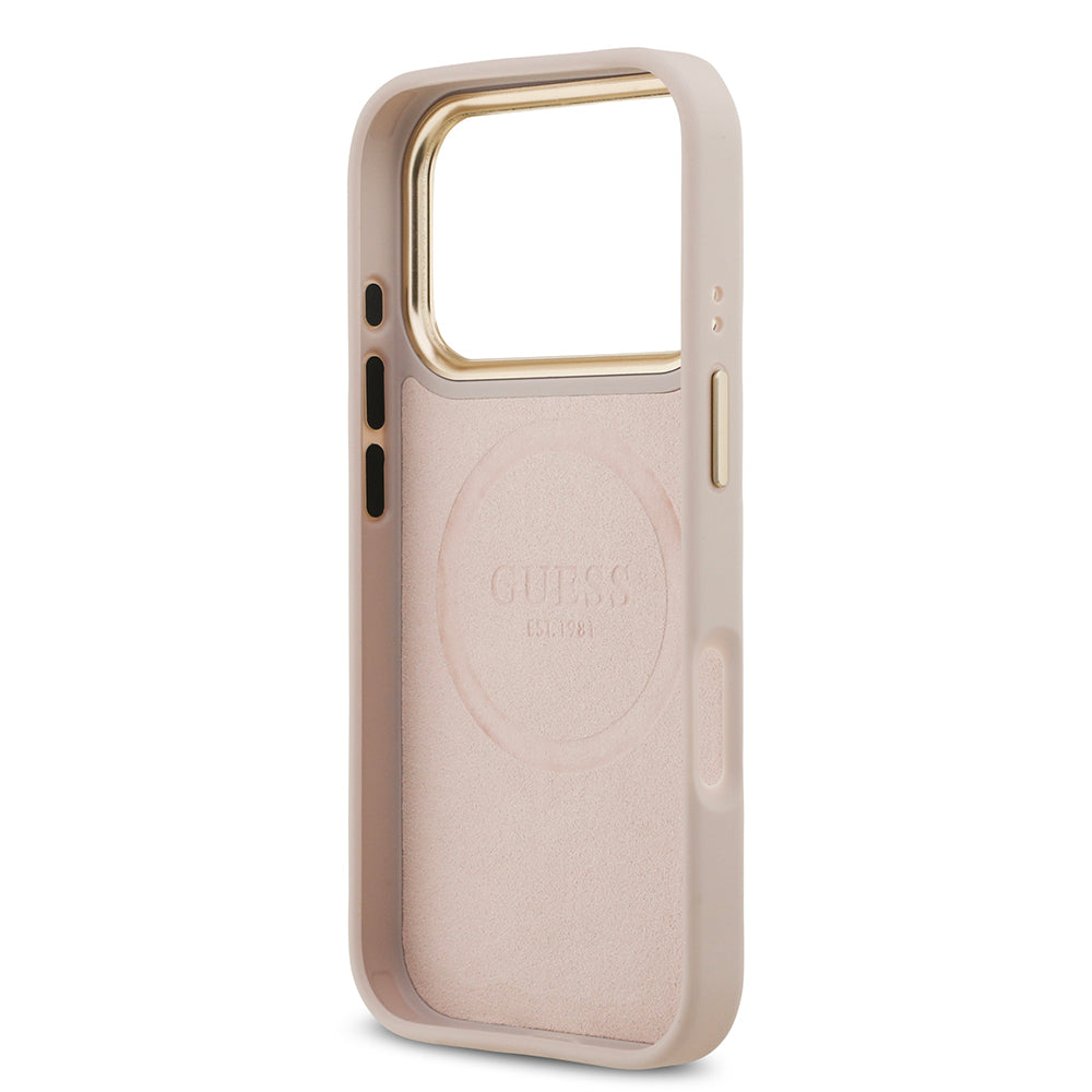 Apple iPhone 17 Pro Kılıf Guess Orjinal Lisanslı M-safe Şarj Özellikli 4G Desenli PU Metal Plaka Klasik Logolu Kapak Siyah