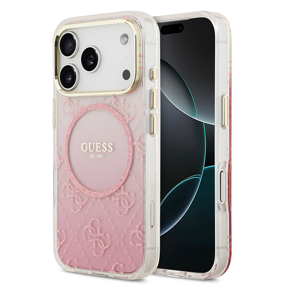 Apple iPhone 17 Pro Kılıf Guess Orjinal Lisanslı M-safe Şarj Özellikli 4G Desenli Simli Silikon Kapak Pembe