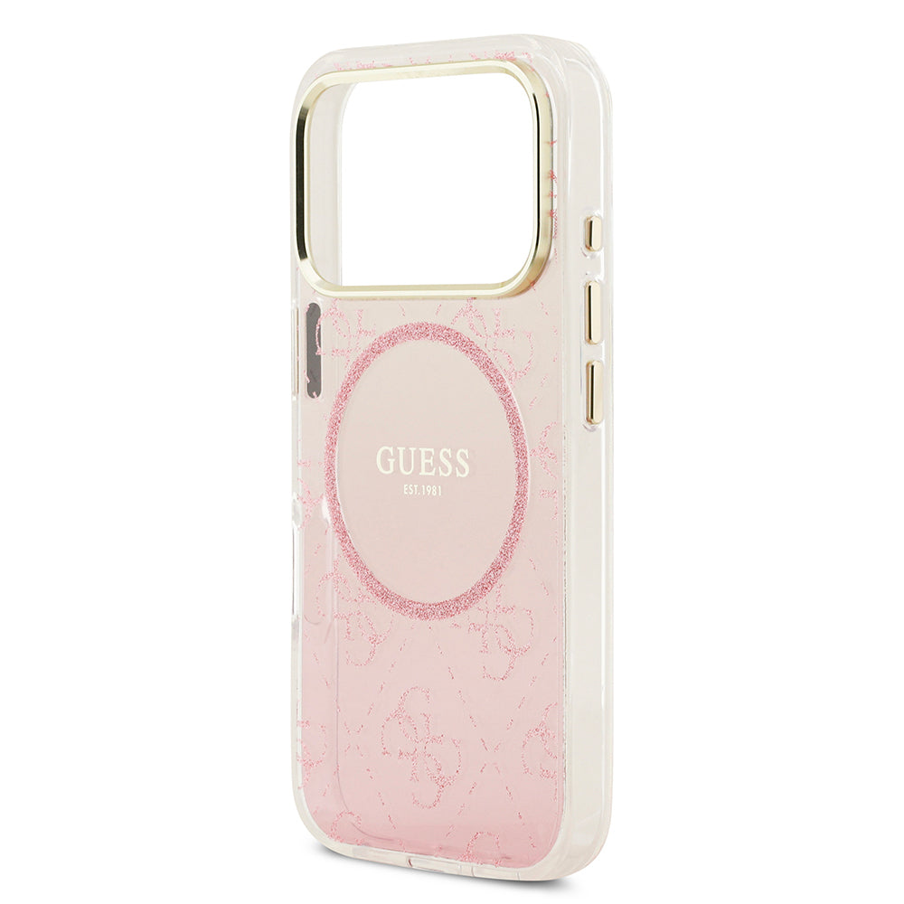 Apple iPhone 17 Pro Kılıf Guess Orjinal Lisanslı M-safe Şarj Özellikli 4G Desenli Simli Silikon Kapak Pembe