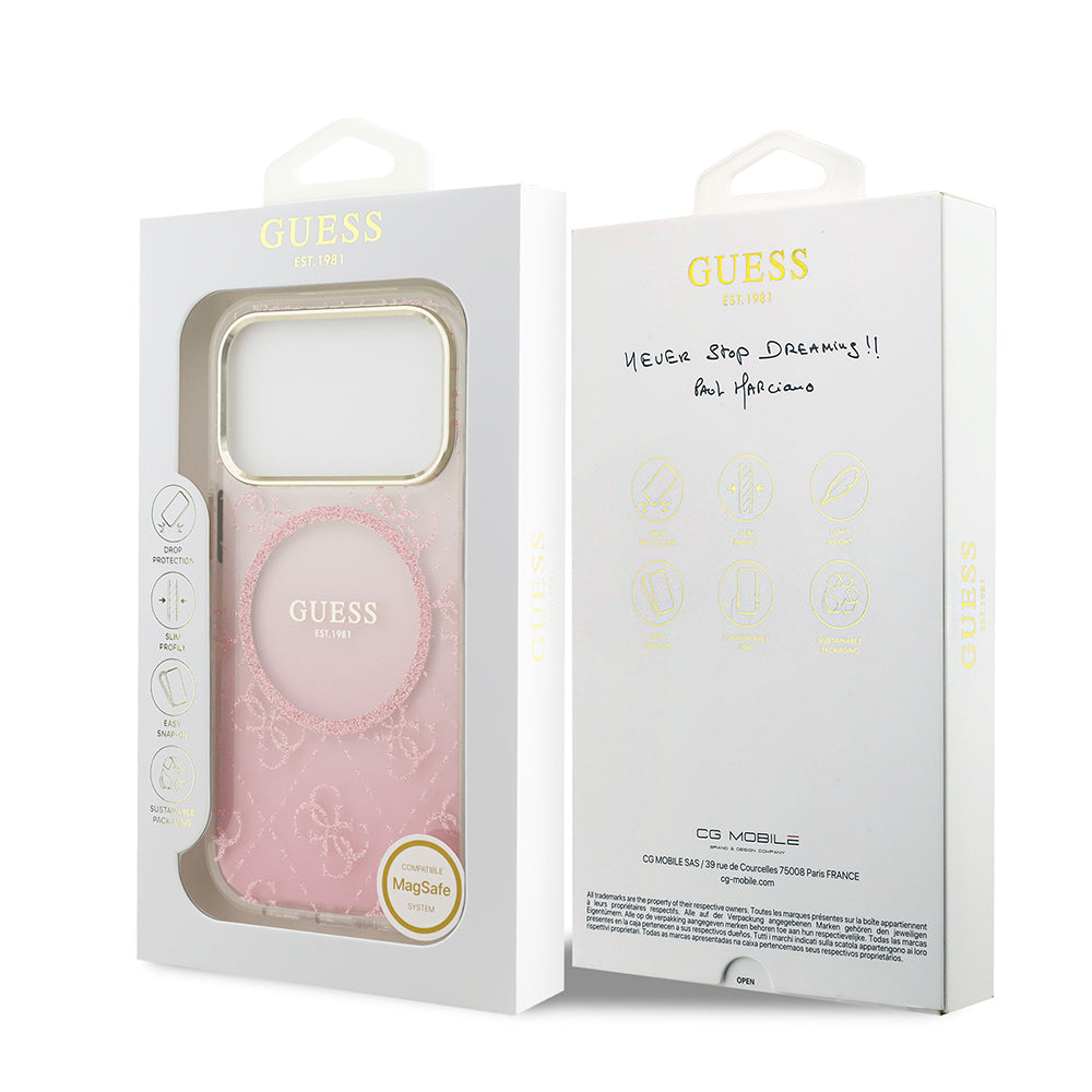 Apple iPhone 17 Pro Kılıf Guess Orjinal Lisanslı M-safe Şarj Özellikli 4G Desenli Simli Silikon Kapak Pembe