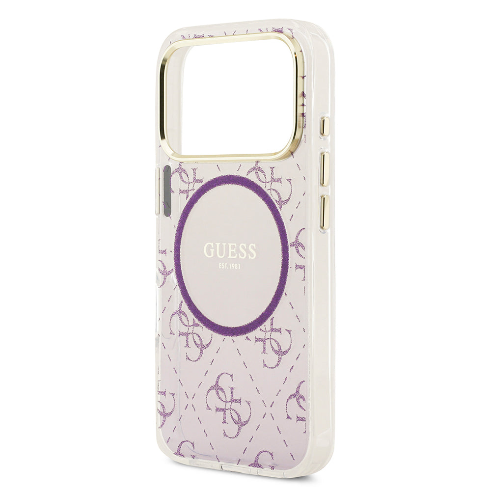 Apple iPhone 17 Pro Kılıf Guess Orjinal Lisanslı M-safe Şarj Özellikli 4G Desenli Simli Silikon Kapak Mor