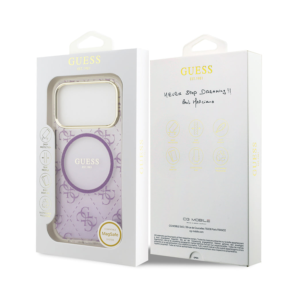 Apple iPhone 17 Pro Kılıf Guess Orjinal Lisanslı M-safe Şarj Özellikli 4G Desenli Simli Silikon Kapak Pembe