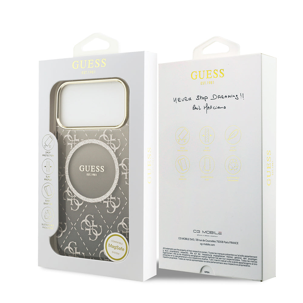 Apple iPhone 17 Pro Kılıf Guess Orjinal Lisanslı M-safe Şarj Özellikli 4G Desenli Simli Silikon Kapak Pembe