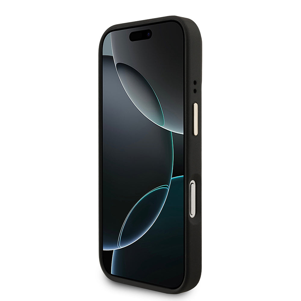 Apple iPhone 17 Pro Kılıf Guess Orjinal Lisanslı M-safe Şarj Özellikli 4G Metal Büyük Logolu Kartlıklı Kapak Siyah