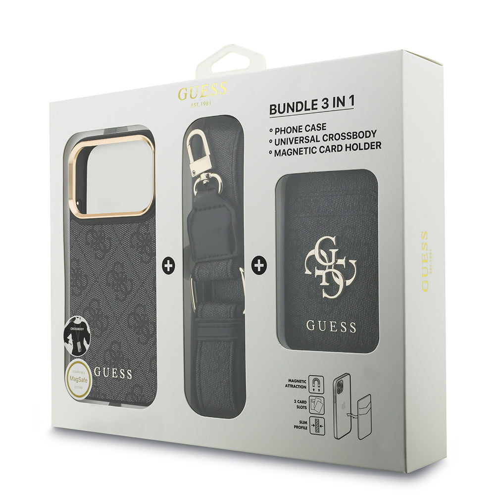 Apple iPhone 17 Pro Kılıf Guess Orjinal Lisanslı M-safe Şarj Özellikli Askılı ve 4G Logo Kartlıklı Kapak Siyah