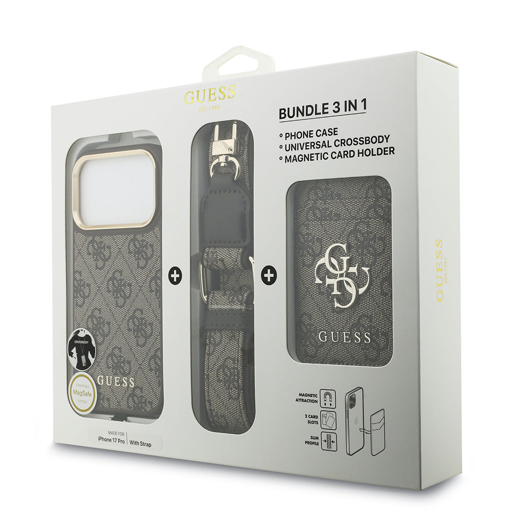 Apple iPhone 17 Pro Kılıf Guess Orjinal Lisanslı M-safe Şarj Özellikli Askılı ve 4G Logo Kartlıklı Kapak Siyah