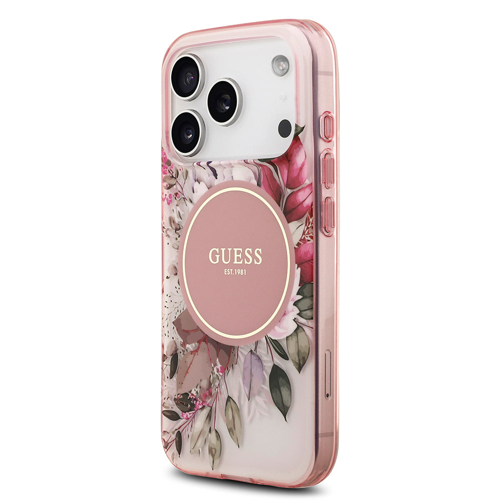 Apple iPhone 17 Pro Kılıf Guess Orjinal Lisanslı M-safe Şarj Özellikli Flower Tonal Circle Kapak Kahverengi