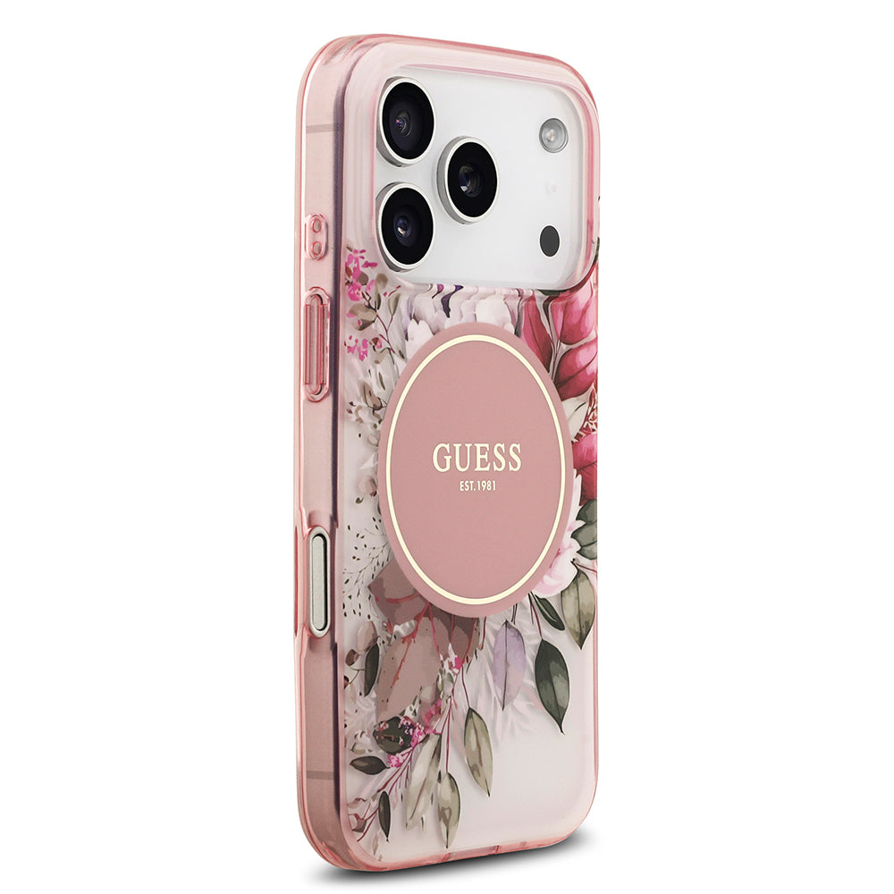 Apple iPhone 17 Pro Kılıf Guess Orjinal Lisanslı M-safe Şarj Özellikli Flower Tonal Circle Kapak Yeşil